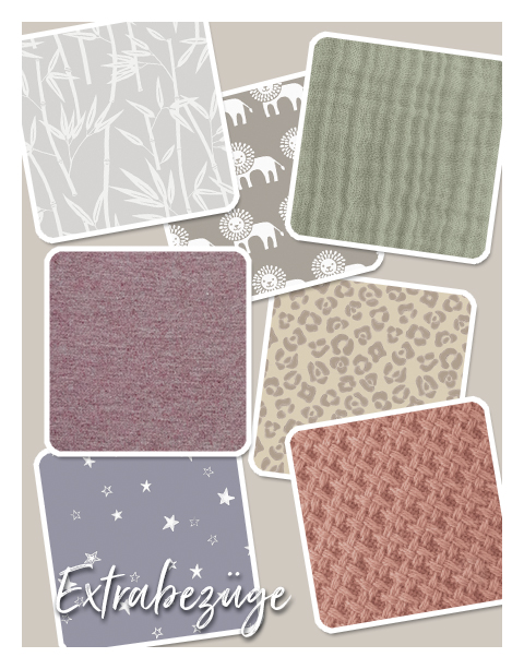 Sechs Stoffmuster, jedes mit unterschiedlichem Design und Farbe, sind symmetrisch angeordnet. Darunter steht der Text \